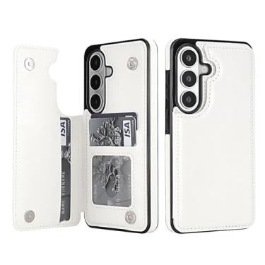 Imagem de Capa carteira para Samsung Galaxy S26 Plus, capa fina de couro com compartimentos para cartões e fecho magnético, recurso de suporte, capa protetora de TPU para uso diário, negócios e viagens (branca)