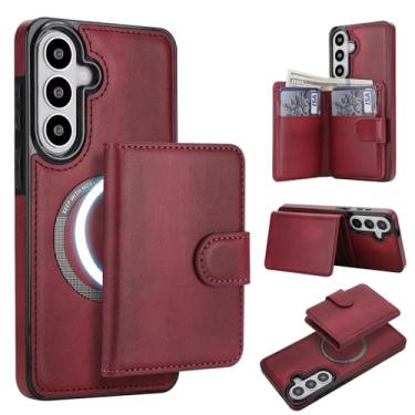 Imagem de Capa para Samsung Galaxy S26 destacável compatível com Magsafe sem fio com suporte para cartão, compartimento para dinheiro, suporte 2 em 1 à prova de choque (vinho vermelho)