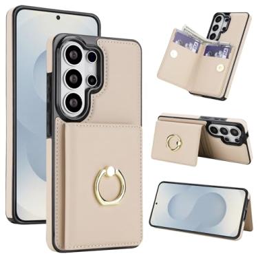 Imagem de Capa carteira para Samsung Galaxy S26 Ultra com suporte para cartão, bloqueio RFID, suporte de anel giratório de 360° com fecho magnético à prova de choque (branca)