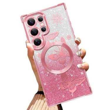 Imagem de Illians Capa magnética feita para Samsung Galaxy S24 Ultra 6,8 polegadas com glitter com design de borboleta rosa cantos reforçados de TPU macio à prova de choque anti-arranhões Bling capa de telefone