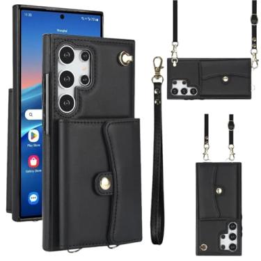 Imagem de Capa carteira para Samsung Galaxy S25 Ultra com compartimentos para cartões e proteção RFID, capa fólio de couro fina com alça de pulso, suporte e proteção total contra quedas para mulheres e homens