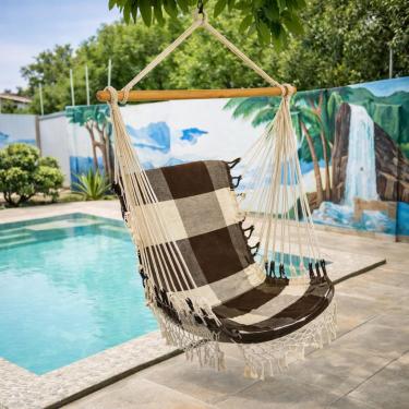 Imagem de Rede Cadeira de Teto Suspensa Descanso e Balanço(MARROM COM BEGE)