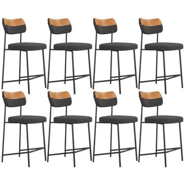 Imagem de Kit 08 Banquetas Baixa Bar Cozinha Sala Jantar Whisky Melina L02 Couríssimo Whisky Linho Chumbo - Lyam Decor