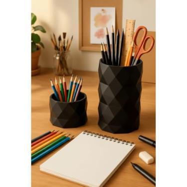 Imagem de Organizador 3D Geométrico Porta Caneta Lápis Clips e Suporte Celular para Escritório Home Office (Preto,Kit Completo)