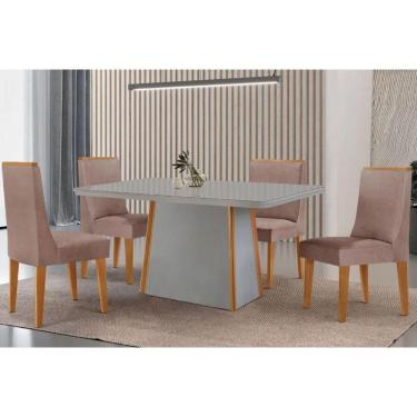 Imagem de Conjunto: Mesa de Cozinha Tilia c/ Tampo Madeirado c/ Vidro Canto Curvo 120x80cm e 4 Cadeiras Dakota Naturale/Off White - Linho Capuccino - Rufato