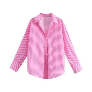 Imagem de Camisa Feminina De Popeline Listrada De Manga Longa Com Gola Lapela E 