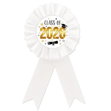 Imagem de Broche de crachá de folha de flandres Class of 2026, broche de botão de graduação de parabéns, broche de fita de prêmio de diplma de roseta branca para festa de pós-graduação da faculdade