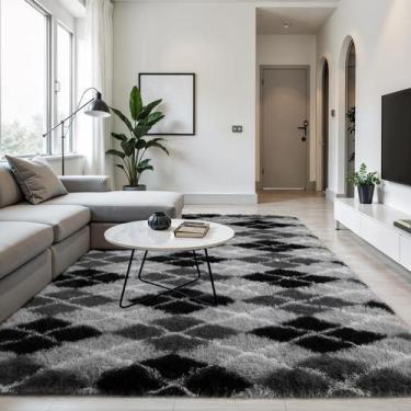 Imagem de Alfombra Zentavio 183x274 cm de Felpa Suave y Pelo Alto Gris y Negro