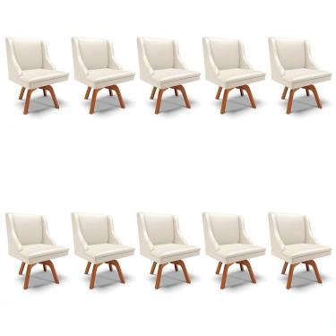Imagem de Kit 10 Cadeiras Estofadas Para Sala De Jantar Base Giratória De Madeira Lia Sintético Bege - Ibiza