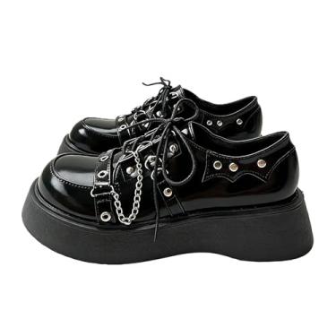 Imagem de Tênis feminino punk Mary Jane plataforma com corrente de laço rebite, casual, couro gótico, preto, bico redondo, salto grosso, jeans, saias para Halloween, viagem, festa, cosplay, encontros, - Estilo