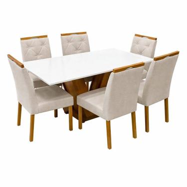 Imagem de Mesa de Jantar Classic 160x80cm com Vidro e 6 Cadeiras Jasmim em Veludo Estofadas Cel Móveis Cor Cinamomo Off White com Tecido Bege