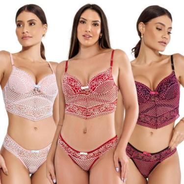 Imagem de Kit3 Conjunto Lingerie Cropped Sexy Renda Bicolor Bojo - ALTIÊ INTIMAT