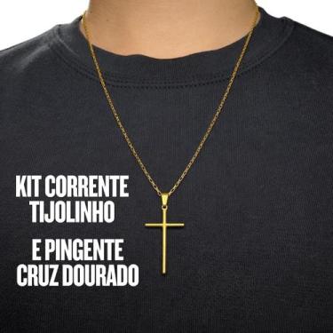 Imagem de Kit Corrente Tijolinho com Pingente Cruz Prateado e Dourado Aço Inox F