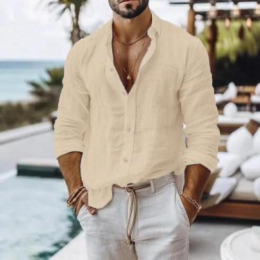 Imagem de Camisa Masculina De Verão Leve E Respirável Em Algodão E Linho, Cor Só