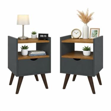 Imagem de Kit Mesa de Cabeceira Criado-Mudo Estilo Retrô para Quarto Alice (Cinza/Freijo)