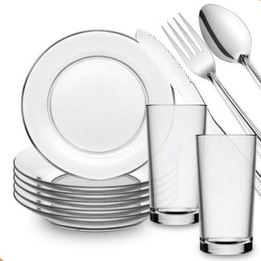Imagem de Jogo De Pratos Fundos E Copos C/30 Peças Aparelho de Jantar Em Vidro C