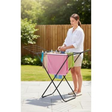 Imagem de Varal Dobrável Chão C/ Abas Aço Preto 11kg Economiza Espaço - Congratu