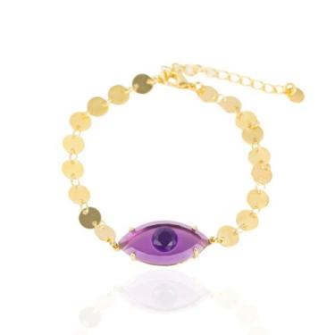 Imagem de Pulseira feminina olho grego lilás banhada a ouro 18k - Brimatto