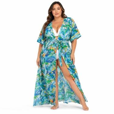 Imagem de Saída de Praia Longa Plus Size Floral Kimono Amarração 377320Z-163 Cor