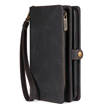 Imagem de Capa carteira para Google Pixel 6/6 Pro, capa flip magnética destacável de couro PU com alça de cordão com zíper para cartão, preta, 6 Pro 17 cm