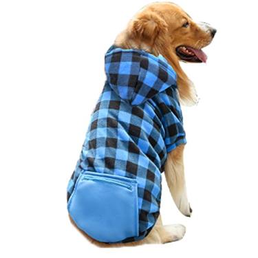 Imagem de Foern Suéter macio para cães, roupas quentes para animais de estimação com bolso casaco de inverno para ambientes internos, moletom com capuz xadrez vermelho para cães pequenos, médios, grandes, azul, PP: 32 cm/12,6 pol