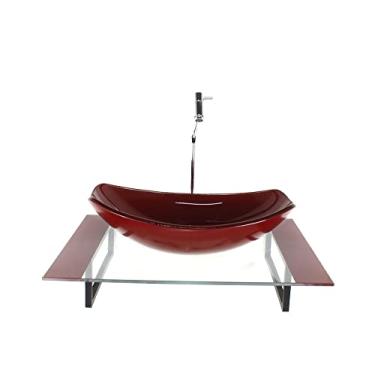 Imagem de KIT CUBA DE VIDRO OVAL CHANFRADA COM TAMPO 60CM VERMELHO CEREJA E SUPORTE TORNEIRA VALVULA