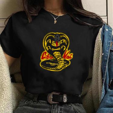 Imagem de Camiseta Blusa feminina cobra kai logo detalhada Blusa Preta Algodao