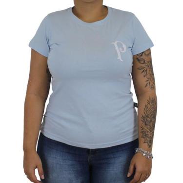 Imagem de Camiseta Baby Look Feminina Palmeiras Escudo Retrô Bordado Azul