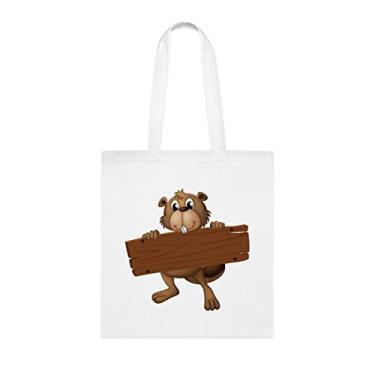 Imagem de Castor com uma placa de sinalização, presente divertido, bolsa de ombro, bolsas reutilizáveis, cesta de Natal de aniversário, ideia de presente, Branco