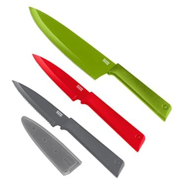 Imagem de KUHN RIKON Conjunto de facas culinárias de 3 peças, multicolorido, aço inoxidável, verde, vermelho e cinza escuro