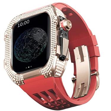 Imagem de TONECY Pulseira de borracha Moldura de titânio para Apple Watch 7/6/5/4/SE Apple Mod Watch Acessório Substituição Titânio Luxo Case Compatível com IWatch Series 44mm com Ferramenta