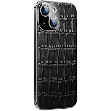 Imagem de MAALYA Capa para iPhone 13 Mini, textura clássica de crocodilo premium capa slim fit de couro genuíno com proteção de câmera completa galvanizada TPU Bumper capa de telefone (Cor: Preto)