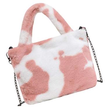 Imagem de Bolsa transversal de sintética macia e fofa Valicclud bolsa carteiro de inverno felpuda - preta, Cow Pink, 25x21x1cm
