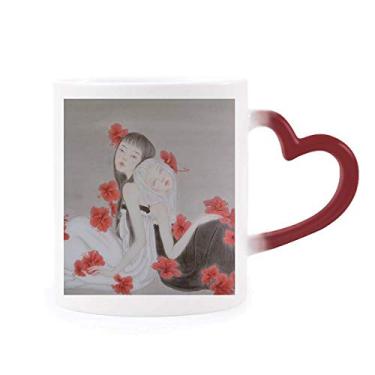 Imagem de Bela flor vermelha estilo chinês aquarela sensível ao calor caneca vermelha muda de cor grés