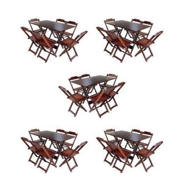Imagem de Kit 5 Jogos De Mesa Dobravel Com 6 Cadeiras De Madeira 120X70 Para Restaurante E Bar - Imbuia