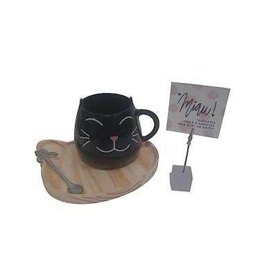 Imagem de Kit Xicara Caneca Café Chá Porcelana Pires Colher Gato Pet (Preto)