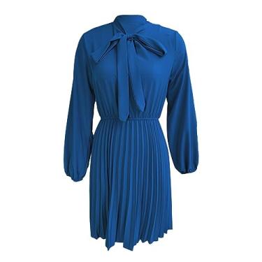 Imagem de UIFLQXX Vestidos casuais para mulheres, decote em V, manga comprida, cor sólida, vestido de cintura moderno, solto, vestido evasê, Azul, G