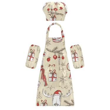 Imagem de GuoChe Pacote com 3 conjuntos de cozinha infantil multiuso Merry Christmas Elk bonito animal vermelho bege avental de cozimento com alça ajustável no pescoço, Merry Christmas Elk Animal Fofo Vermelho Bege, M