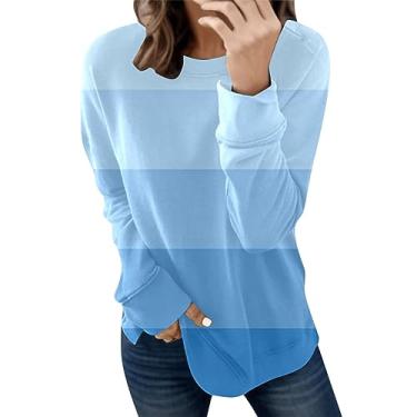 Imagem de Moletom leve para mulheres túnica oversized top patchwork pulôver de manga comprida Meninas adolescentes Saltador Jersey Impresso lã esportiva macio Emenda de bloco de cores H51-Azul Small