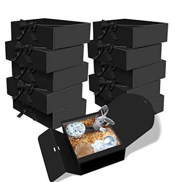 Imagem de BoShahai 10 caixas com tampas, papel kraft de 26 x 19 x 8 cm, caixas de presente pretas com fita, caixa de presente de dama de honra para casamento, embalagem, presente, aniversário, caixas de cupcake