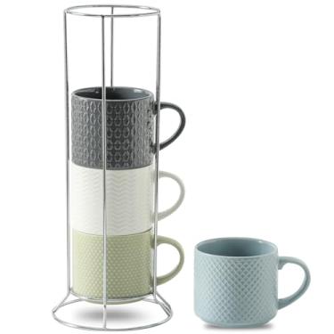 Imagem de HASENSE Conjunto de 4 xícaras de cerâmica de 350 ml, canecas de café empilháveis em relevo com rack, xícaras de café de porcelana para latte, cappuccino, mocha, cacau, americano, chá quente e leite