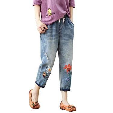 Imagem de Calça jeans cropped feminina moderna elástica cintura alta plus size boyfriend jeans cropped Y2K capri jeans, Vermelho, G