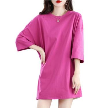Imagem de Ailaile Camisetas femininas longas de verão, casuais, soltas, meia manga, gola redonda, 100% algodão, Vermelho carmim, GG