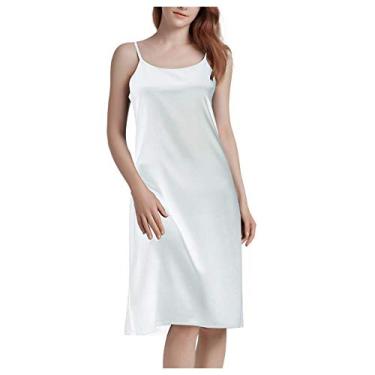 Imagem de KSDFIUHAG Conjuntos de lingerie para mulher lingerie sexy para mulher vestido comprido de noite de cetim de seda roupa de dormir camisas confortável camisa Homewear, Branco, G