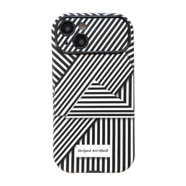 Imagem de Capa de telefone moderna com design de listras para câmera de lente larga para iPhone 15 capa protetora com borda de couro silicone à prova de choque para Apple iPhone 15 - preto e branco