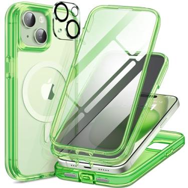 Imagem de TIESZEN Capa magnética para iPhone 15 compatível com Magsafe, [design à prova de poeira] Protetor de tela de vidro temperado 9H HD integrado e protetor de tela de privacidade + 2 x protetores de lente