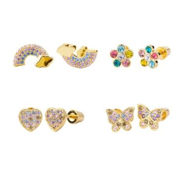 Imagem de Conjunto de 4 pares de brincos pequenos de cartilagem folheados a ouro, zircônia cúbica de cristal, borboleta, flor, amor, coração, arco-íris, nuvem, parafuso nas costas, tragus, barra, labret,