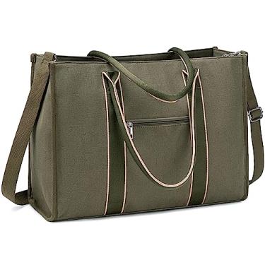 Imagem de Bolsa de ombro feminina de lona de 39.6 cm, bolsa mensageiro de computador, bolsa de professor, pasta de escritório, Verde militar, Large, Clássico simples