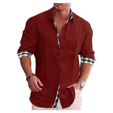 Imagem de Camisa masculina de manga comprida casual de lapela xadrez algodão linho camisa de praia camisa de botão, Vinho tinto, G