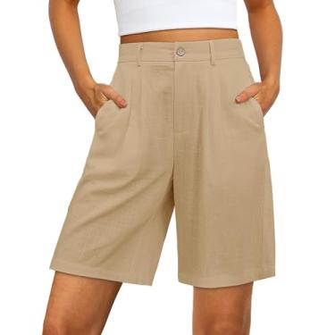 Imagem de luvamia Bermuda feminina de linho de cintura alta elegante casual plissada perna larga shorts de verão com cintura elástica, Caqui, P